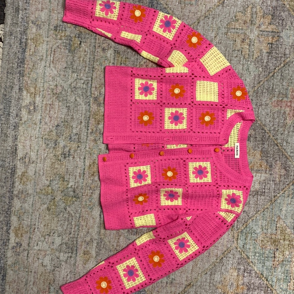 Pink and Yellow Pink Ripple Knit Button Up Sweater
